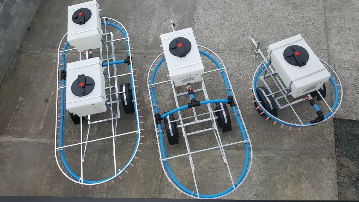 Aerial view of three Gateswide mobile calf feeders in different sizes